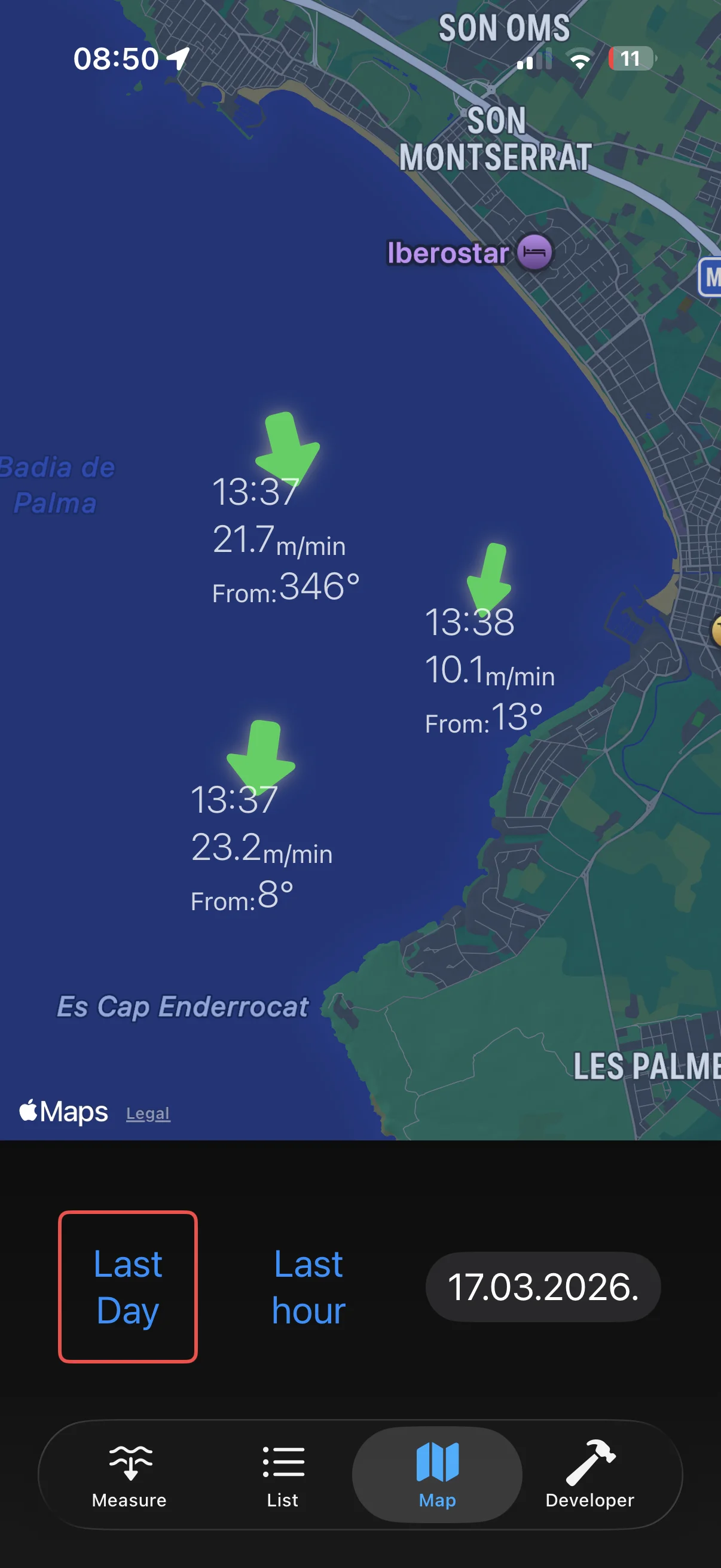 Tide Measure app showing sea current speed and direction measurement workflow