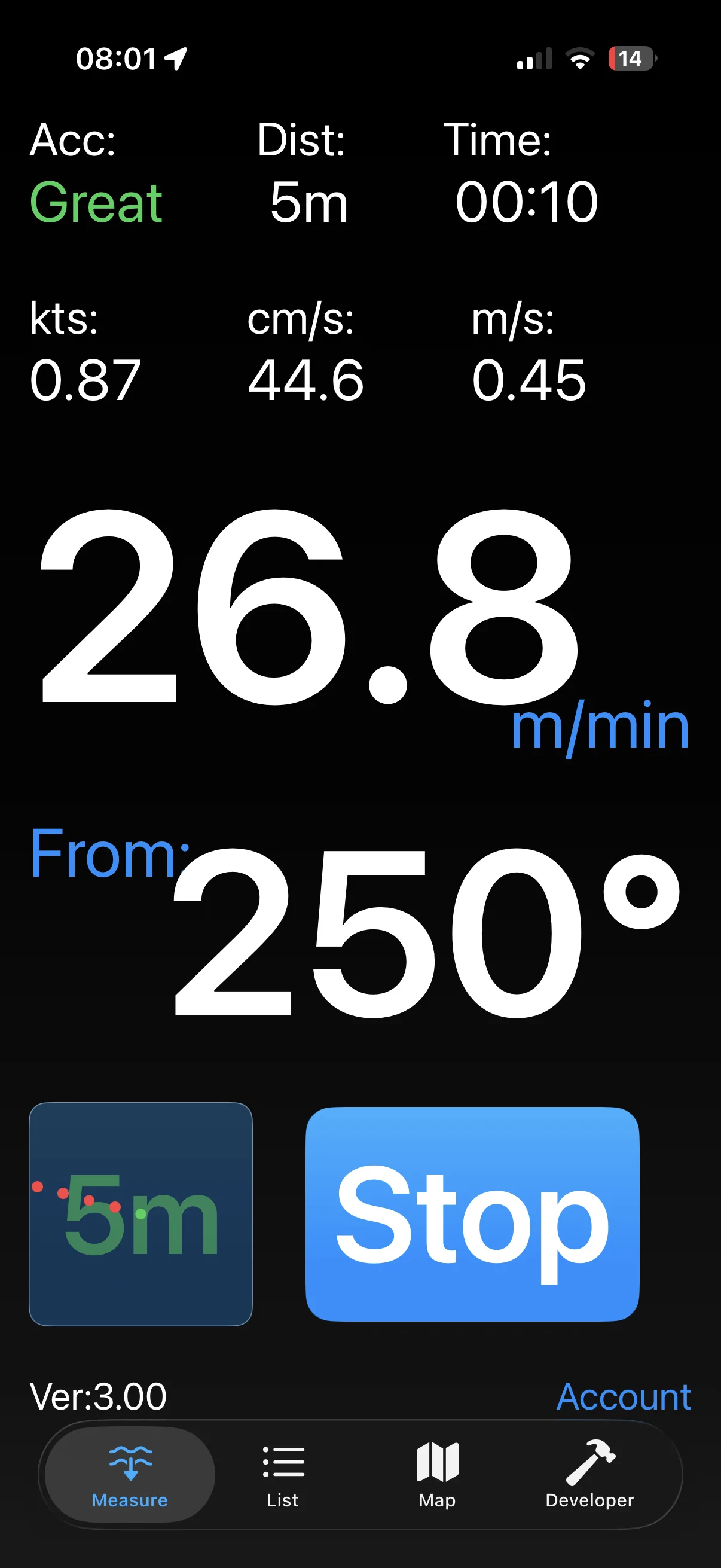 Tide Measure app showing cloud-based sea current measurements on iPhone